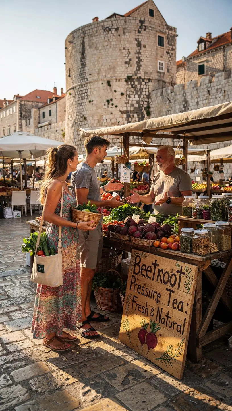 Prikaz šalice čaja od cikle uz svježe cvekle na drvenoj površini.
