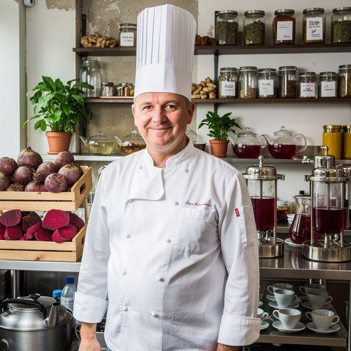 Čaj od cikle u šolji s vrućom vodom, okružen svježim ciklama.